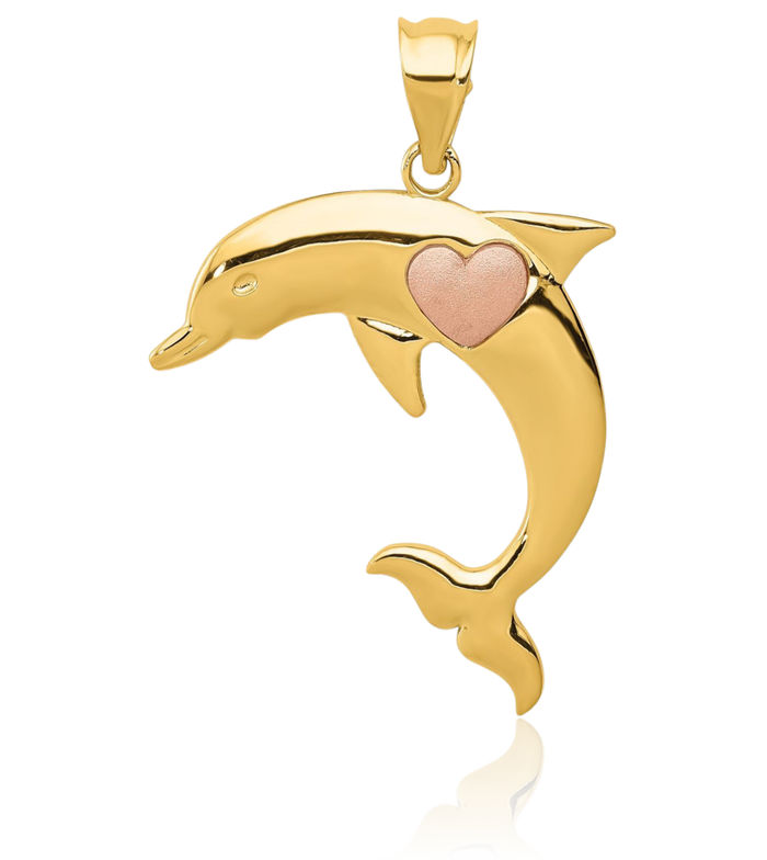 14K Solid Two Tone Gold Sea Dolphin Ocean Fish Beach Nautical Heart Necklace Love Pendant Charm