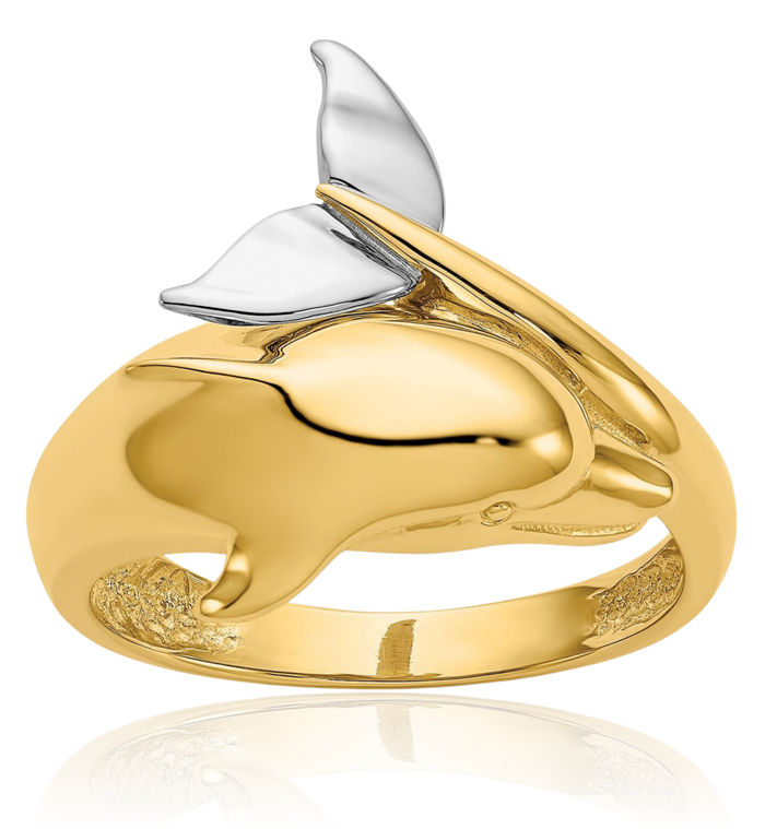 14K Solid Two Tone Gold Sea Dolphin Ocean Fish Beach Nautical Ring