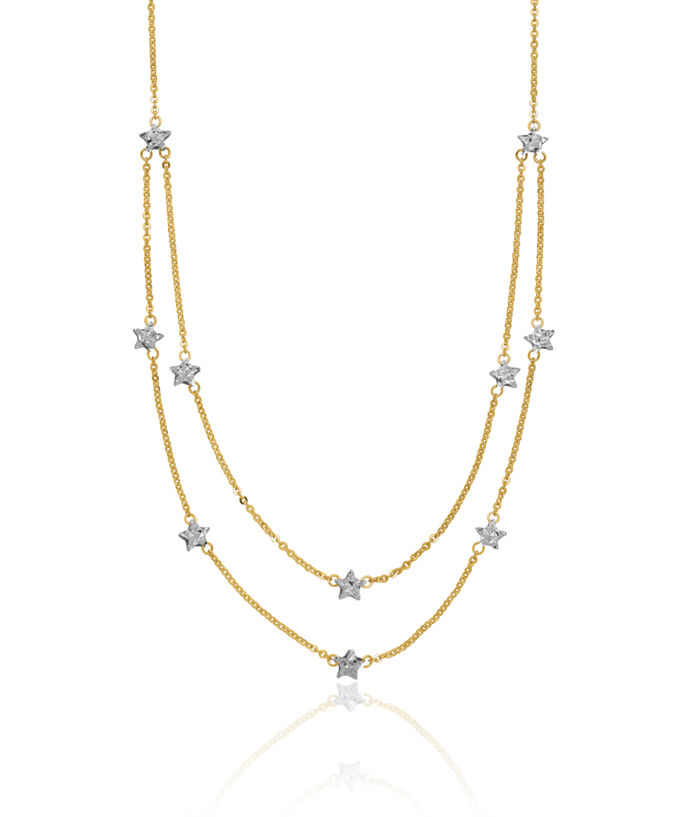 14K Solid Two Tone Gold Double Chain Star Layering Necklace