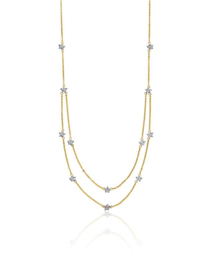 14K Solid Two Tone Gold Double Chain Star Layering Necklace