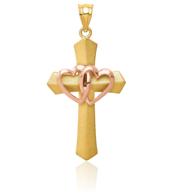 14K Solid Two Tone Gold Double Heart Holy Cross Necklace Religious Chain Pendant Jesus Christ Charm