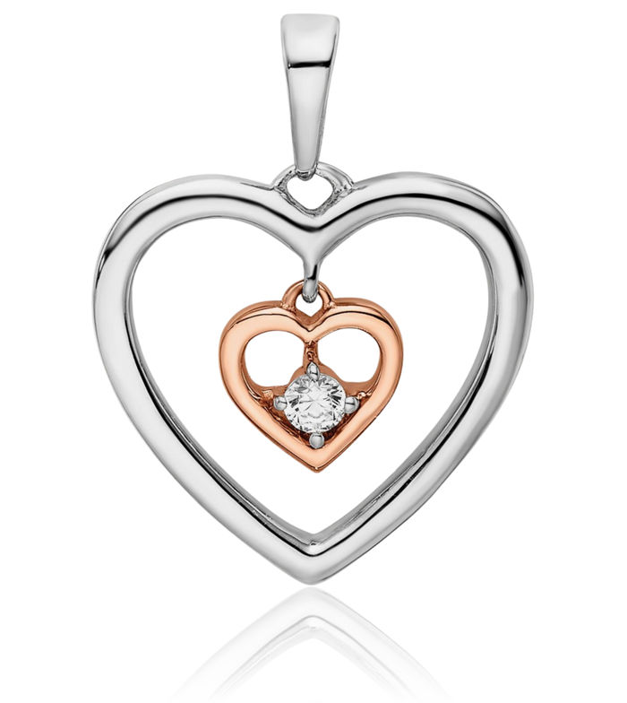 14K Solid Two Tone Gold White Rose Double Heart Diamond Necklace Chain Pendant Charm