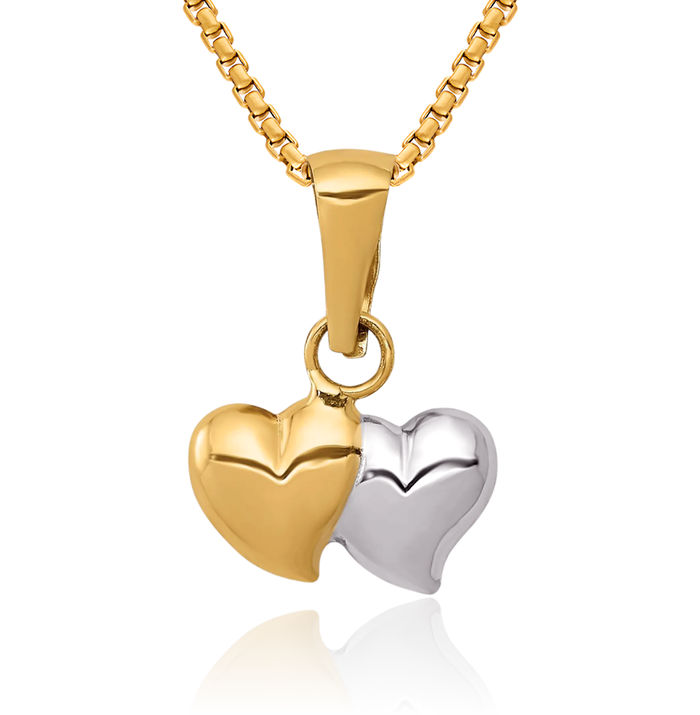 14K Solid Two Tone Yellow White Gold Double Heart Necklace Love Pendant Charm