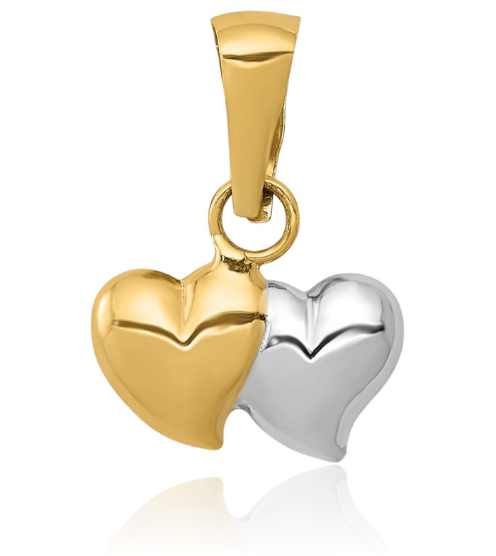 14K Solid Two Tone Yellow White Gold Double Heart Necklace Love Pendant Charm