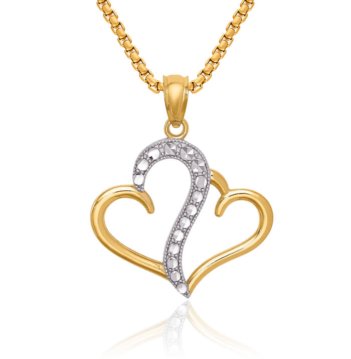 14K Solid Two Tone Yellow White Gold Double Heart Necklace Love Pendant Charm