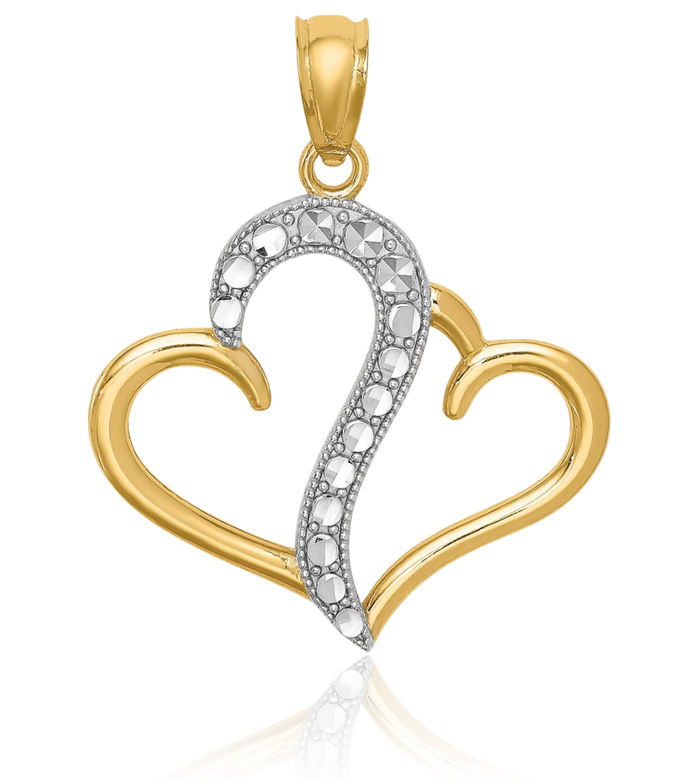 14K Solid Two Tone Yellow White Gold Double Heart Necklace Love Pendant Charm