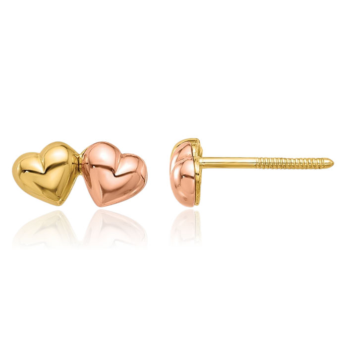 14K Solid Two Tone Gold Double Heart Screw Back Stud Earrings