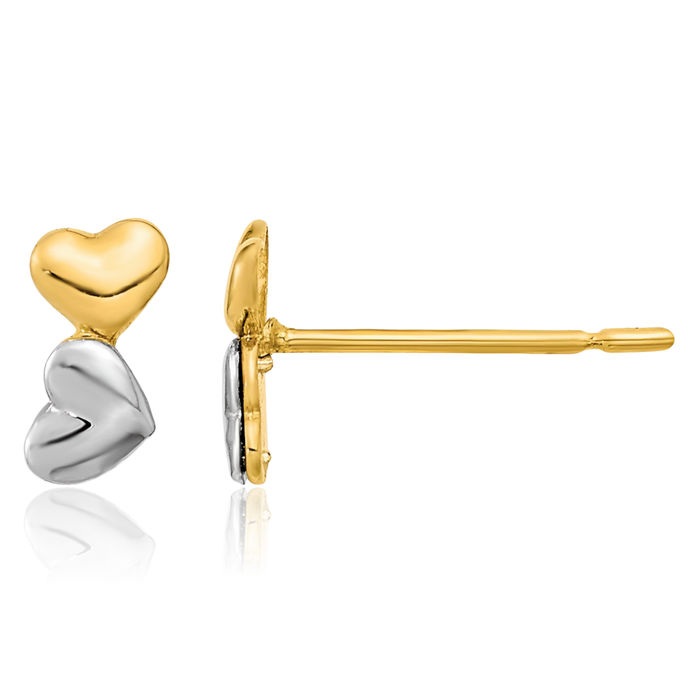 14K Solid Two Tone Gold Double Heart Stud Earrings