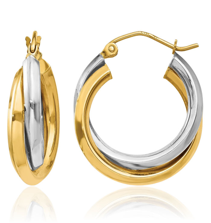 14K Solid Two Tone Gold Double Round Medium Hoop Earrings