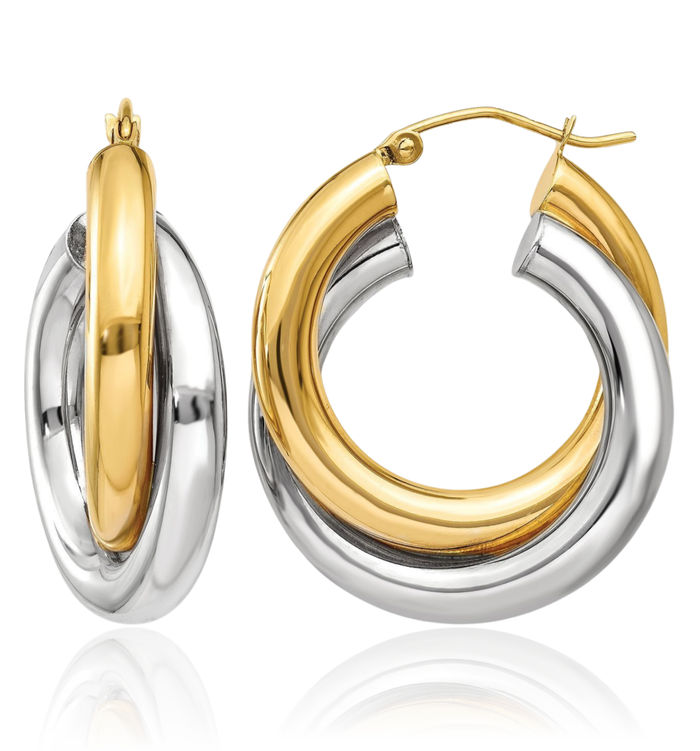 14K Solid Two Tone Gold Double Tube Round Medium Hoop Earrings