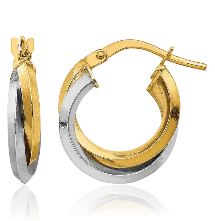 14K Solid Two Tone Gold Double Round Small Hoop Earrings