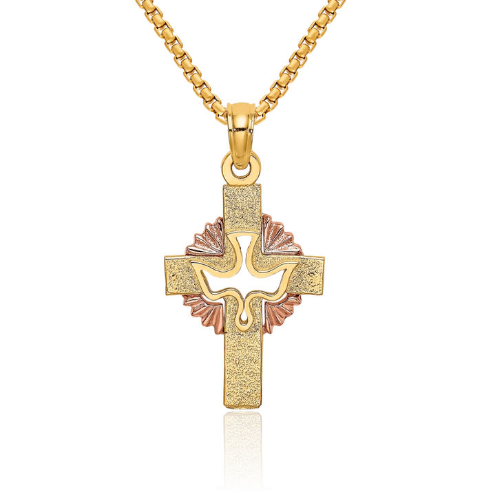 14K Solid Two Tone Gold Dove Symbol Peace Love Holy Spirit Heart Irish Claddagh Celtic Iona Cross Necklace Religious Chain Pendant Jesus Christ Charm Jewelry