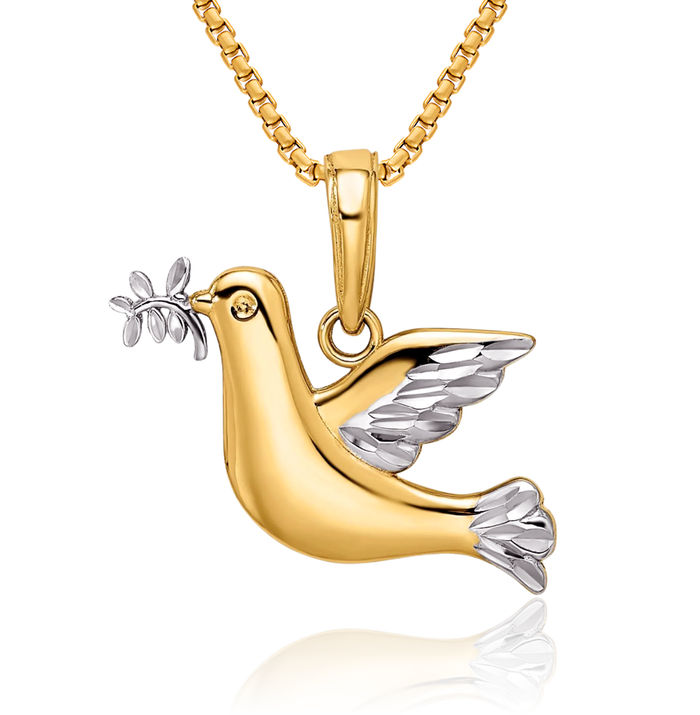 14K Solid Two Tone Yellow White Gold Dove Symbol Peace Love Holy Spirit Bird Necklace Religious Chain Pendant Christian Charm