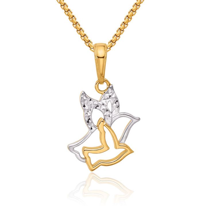 14K Solid Two Tone Yellow White Gold Doves Necklace Religious Chain Pendant Christian Charm