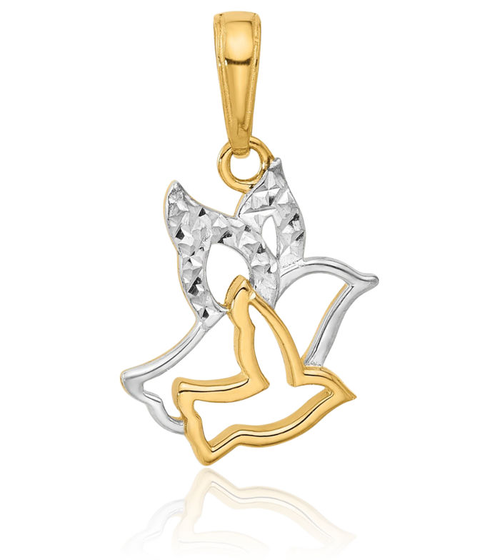 14K Solid Two Tone Yellow White Gold Doves Necklace Religious Chain Pendant Christian Charm