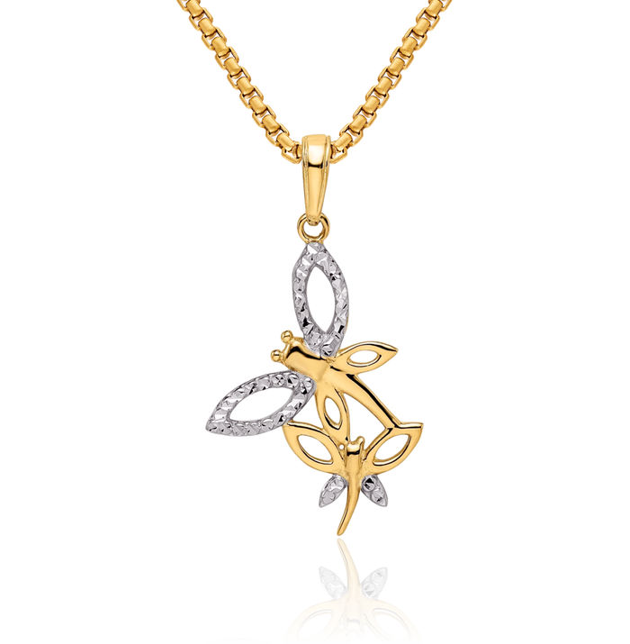 14K Solid Two Tone Yellow White Gold Dragonflies Necklace Chain Pendant Charm