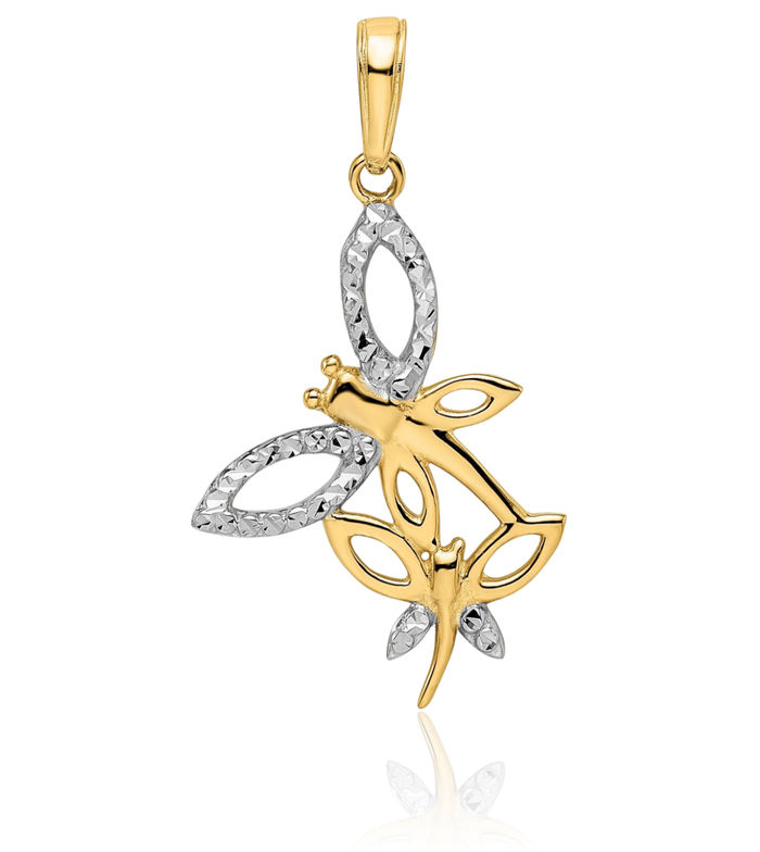 14K Solid Two Tone Yellow White Gold Dragonflies Necklace Chain Pendant Charm