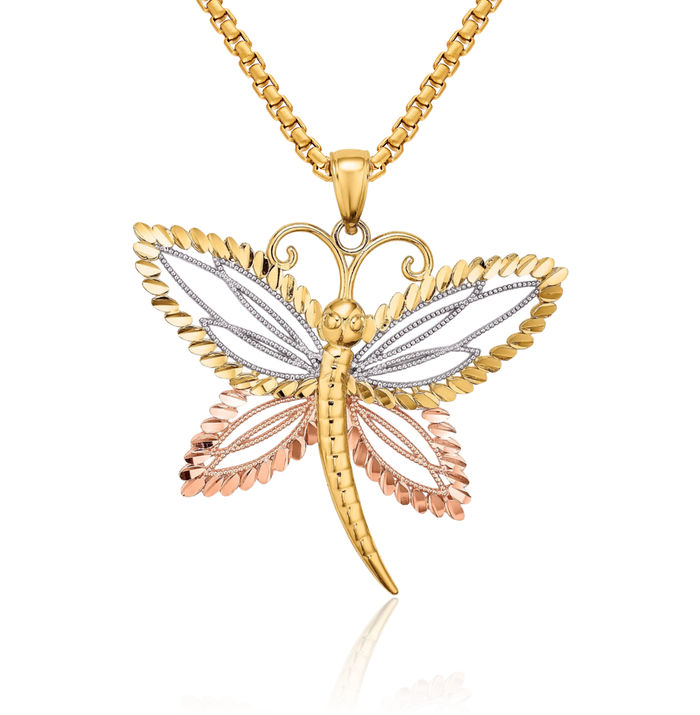 14K Solid Two Tone Gold White Dragonfly Beaded Wings Necklace Chain Pendant Charm