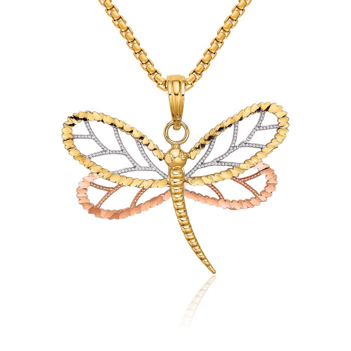 14K Solid Two Tone Gold White Dragonfly Beaded Wings Necklace Chain Pendant Charm