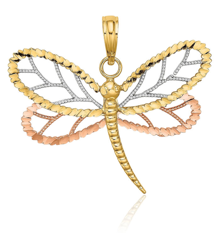 14K Solid Two Tone Gold White Dragonfly Beaded Wings Necklace Chain Pendant Charm