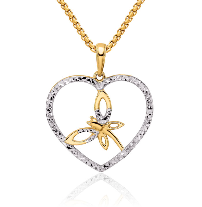 14K Solid Two Tone Yellow White Gold Dragonfly Heart Necklace Love Pendant Charm