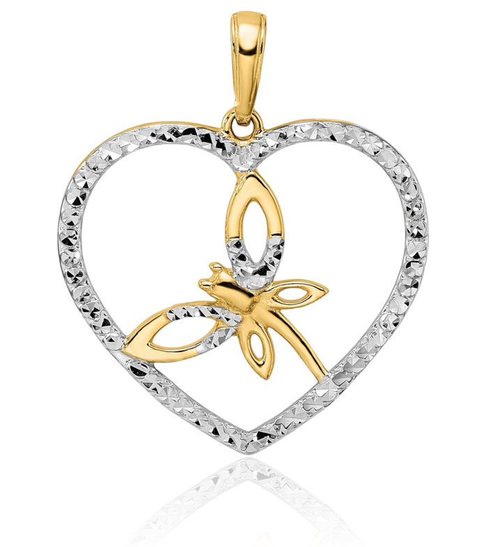 14K Solid Two Tone Yellow White Gold Dragonfly Heart Necklace Love Pendant Charm