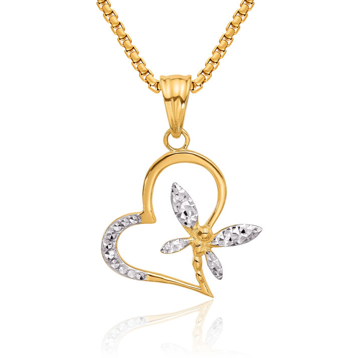 14K Solid Two Tone Yellow White Gold Dragonfly Heart Necklace Love Pendant Charm