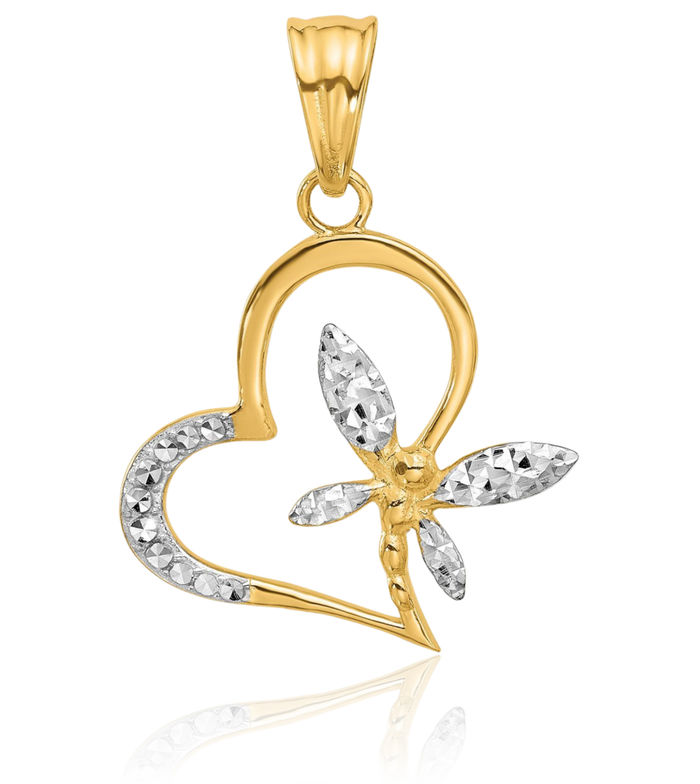 14K Solid Two Tone Yellow White Gold Dragonfly Heart Necklace Love Pendant Charm