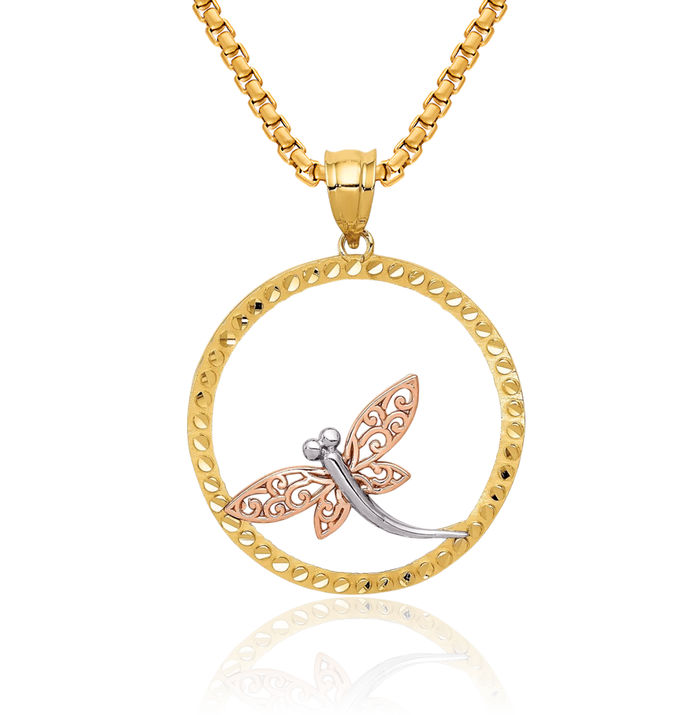 14K Solid Two Tone Gold White Dragonfly Necklace Chain Pendant Charm