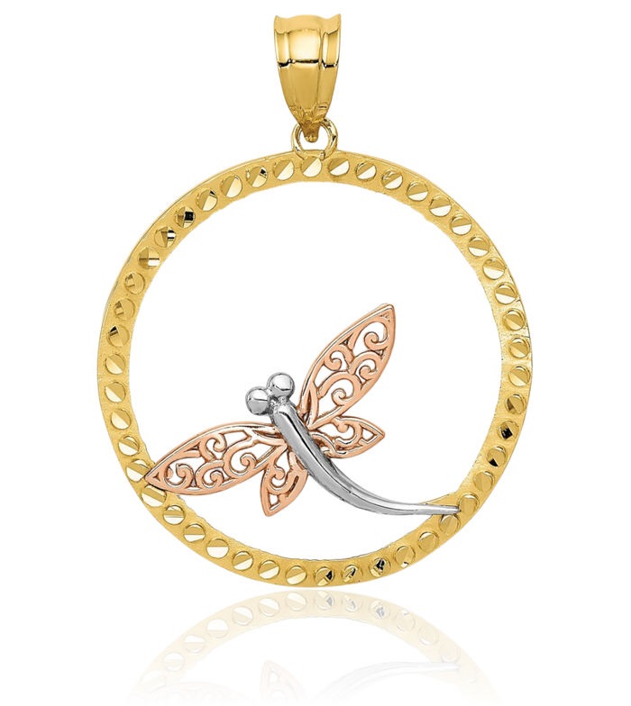 14K Solid Two Tone Gold White Dragonfly Necklace Chain Pendant Charm