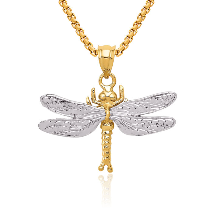 14K Solid Two Tone Gold Dragonfly Necklace Chain Pendant Charm