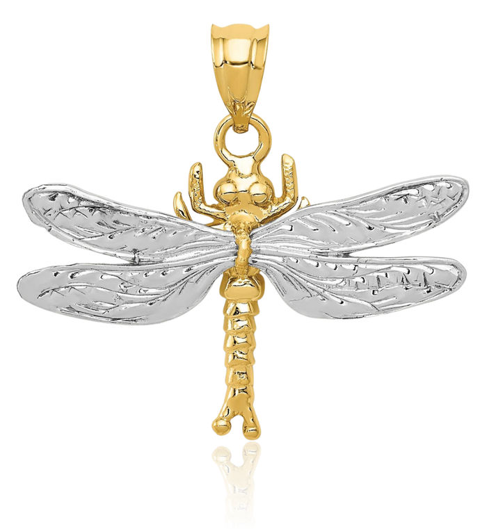 14K Solid Two Tone Gold Dragonfly Necklace Chain Pendant Charm