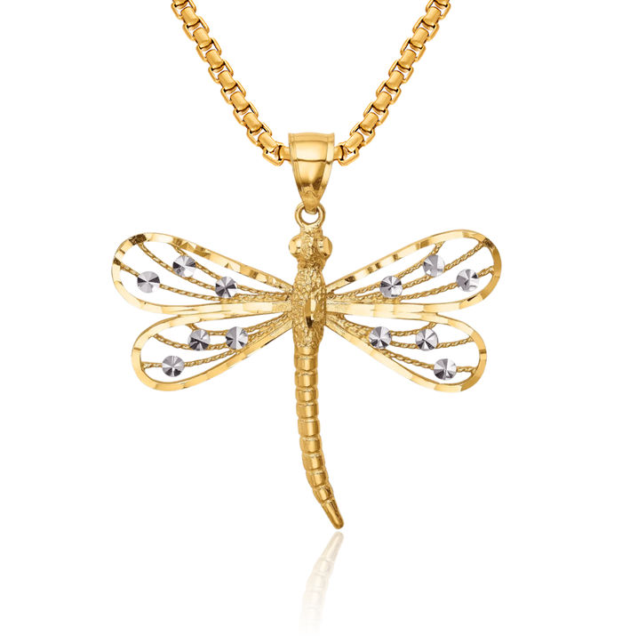 14K Solid Two Tone Yellow White Gold Dragonfly Necklace Chain Pendant Charm