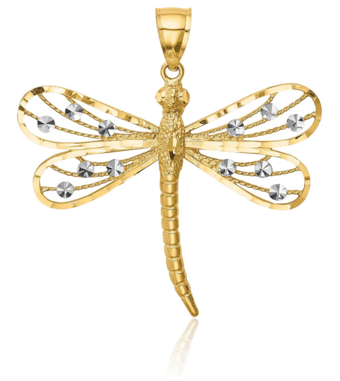 14K Solid Two Tone Yellow White Gold Dragonfly Necklace Chain Pendant Charm