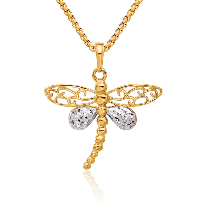 14K Solid Two Tone Yellow White Gold Dragonfly Necklace Chain Pendant Charm