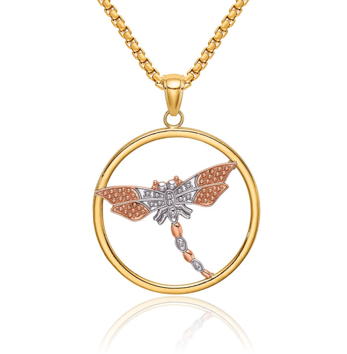 14K Solid Two Tone Gold White Dragonfly Round Necklace Chain Pendant Charm