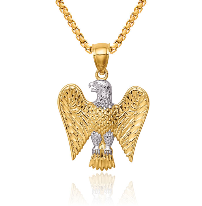 14K Solid Two Tone Yellow White Gold Eagle Symbol of Strength Freedom Hawk Bird Necklace Chain Pendant Charm