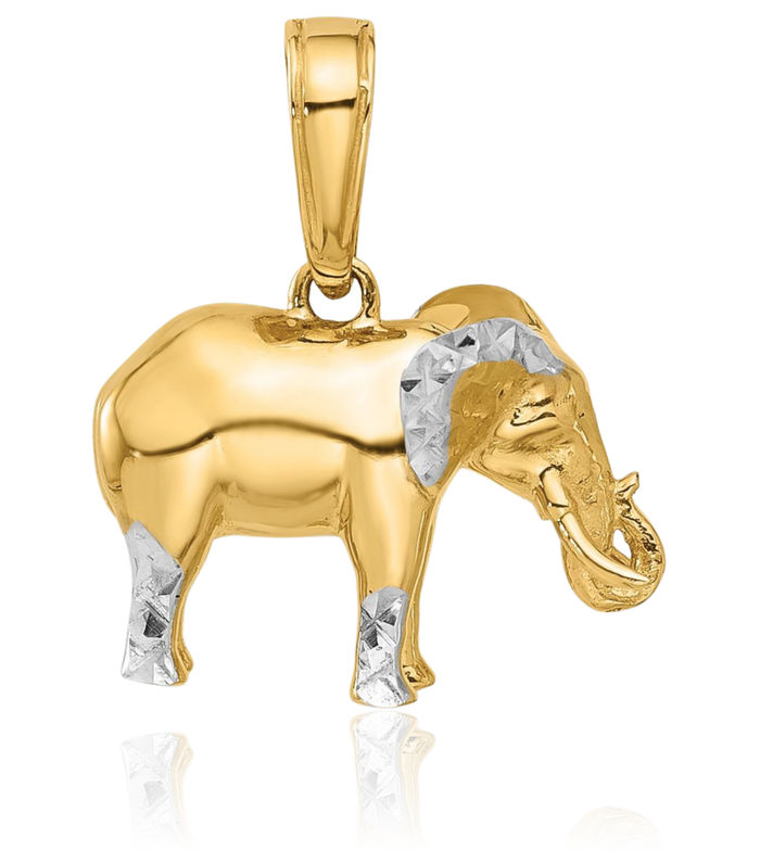 14K Solid Two Tone Yellow White Gold Elephant Necklace Chain Pendant Charm