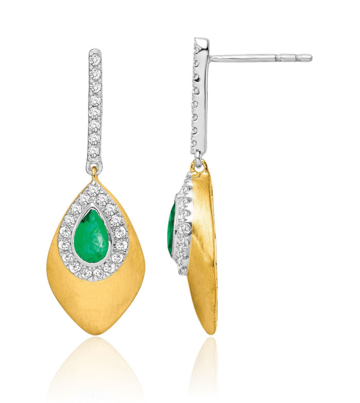 14K Solid Two Tone Gold Green Emerald Diamond Drop Dangle Earrings Pear Teardrop Gemstone Post Push Back May Birthstone Jewelry