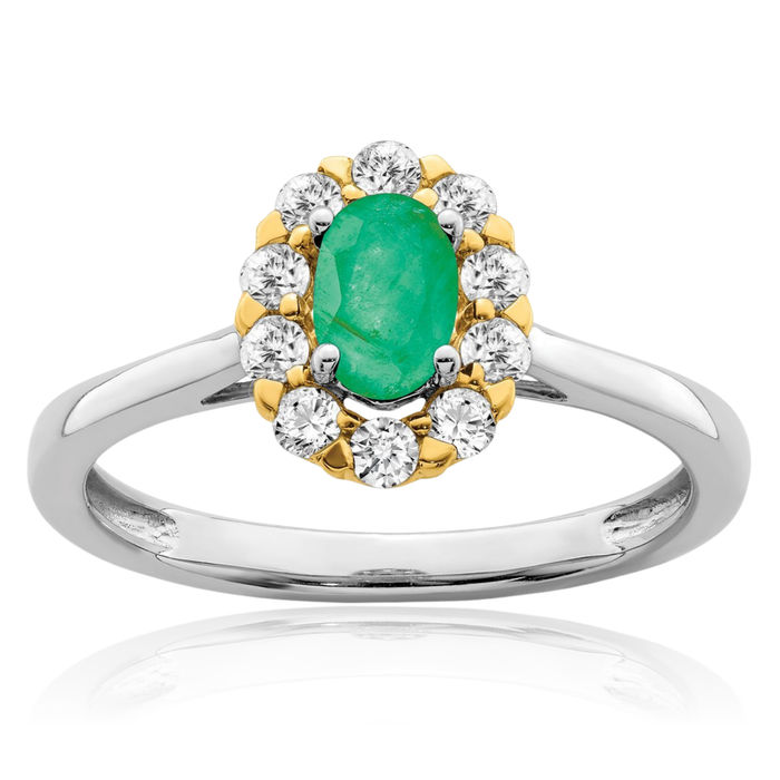 14K Solid Two Tone Gold Green Emerald Diamond Halo Round Ring Gemstone Band May Birthstone Jewelry