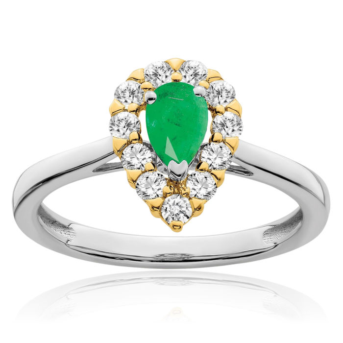 14K Solid Two Tone Gold Green Emerald Diamond Ring Gemstone Band May Birthstone Jewelry