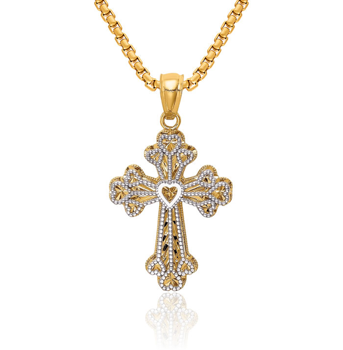 14K Solid Two Tone Gold Antique Filigree 2 Level Heart Holy Cross Necklace Religious Chain Pendant Jesus Christ Charm