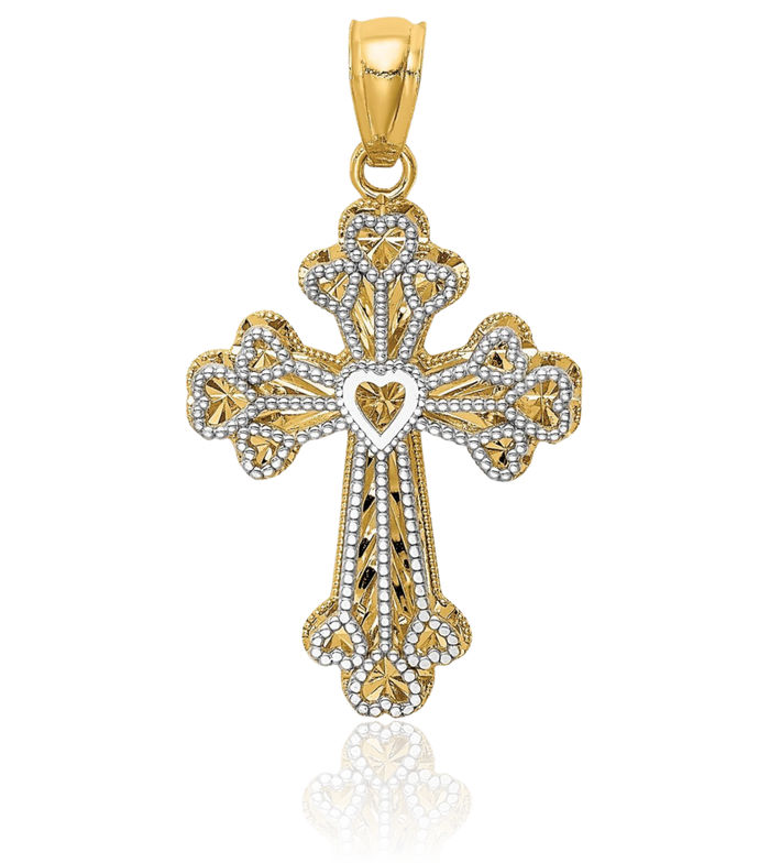 14K Solid Two Tone Gold Antique Filigree 2 Level Heart Holy Cross Necklace Religious Chain Pendant Jesus Christ Charm