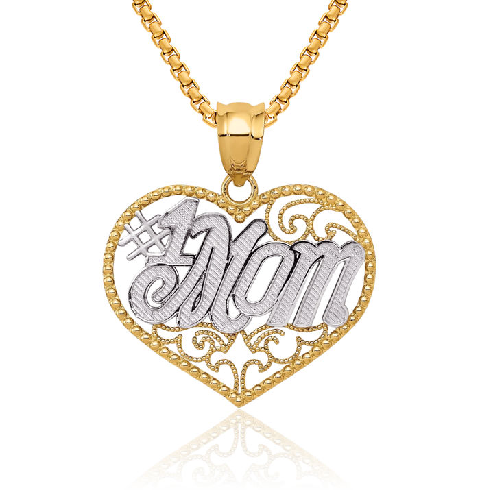 14K Solid Two Tone Yellow White Gold Antique Filigree Best Mom Heart Necklace Mama Charm Mother Pendant