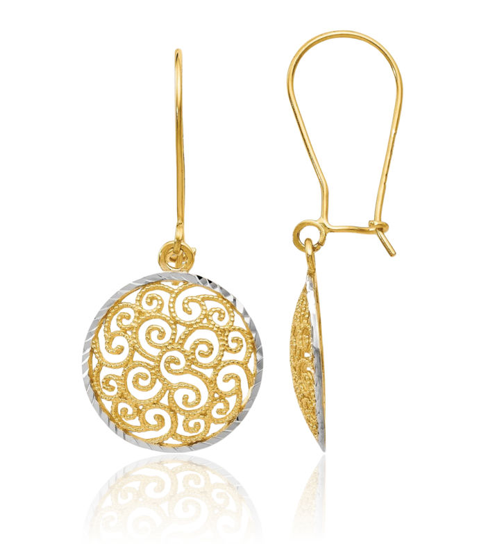 14K Solid Two Tone Gold Antique Filigree Drop Dangle Earrings
