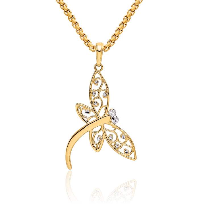 14K Solid Two Tone Yellow White Gold Antique Filigree Dragonfly Necklace Chain Pendant Charm