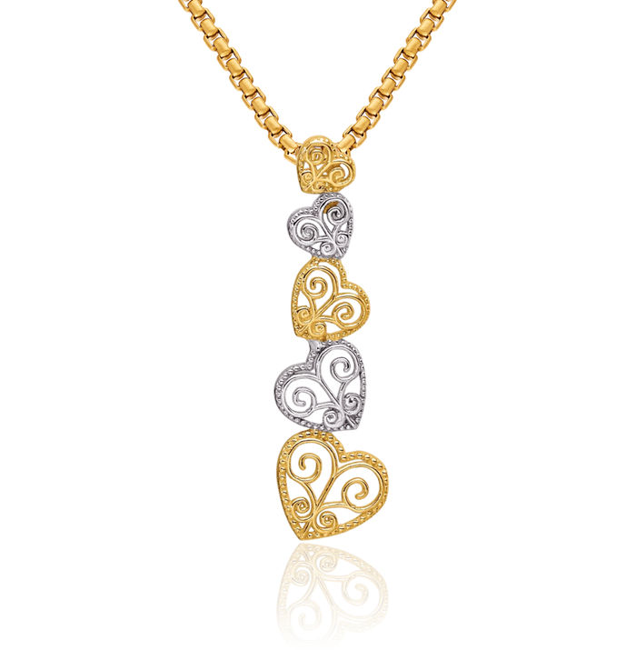 14K Solid Two Tone Gold Antique Filigree Heart Floating Chain Slide Pendant Necklace Charm