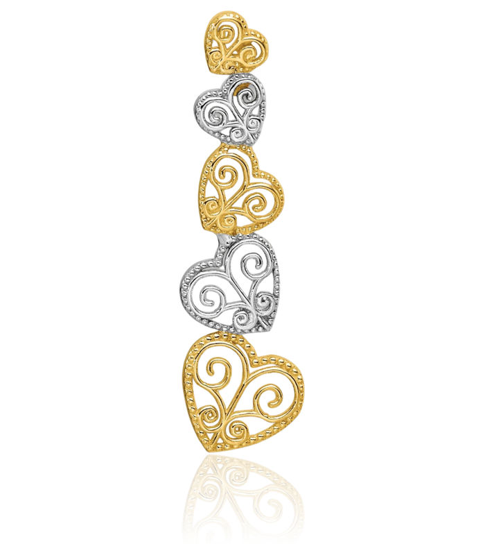 14K Solid Two Tone Gold Antique Filigree Heart Floating Chain Slide Pendant Necklace Charm