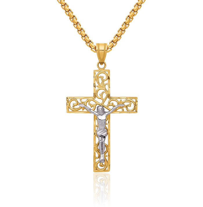 14K Solid Two Tone Gold Block Antique Filigree Lord Jesus Christ Crucifix Holy Cross Necklace Religious Chain Pendant Charm