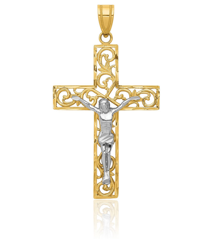 14K Solid Two Tone Gold Block Antique Filigree Lord Jesus Christ Crucifix Holy Cross Necklace Religious Chain Pendant Charm